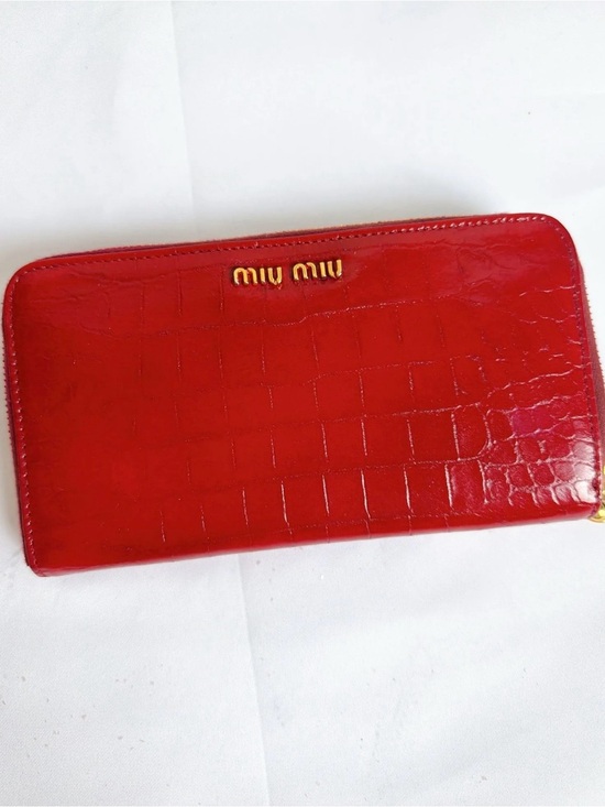 Miu Miu Handbags - Miu Miu Shiny Red Croc-Embossed Zip Wallet with Gold Logo